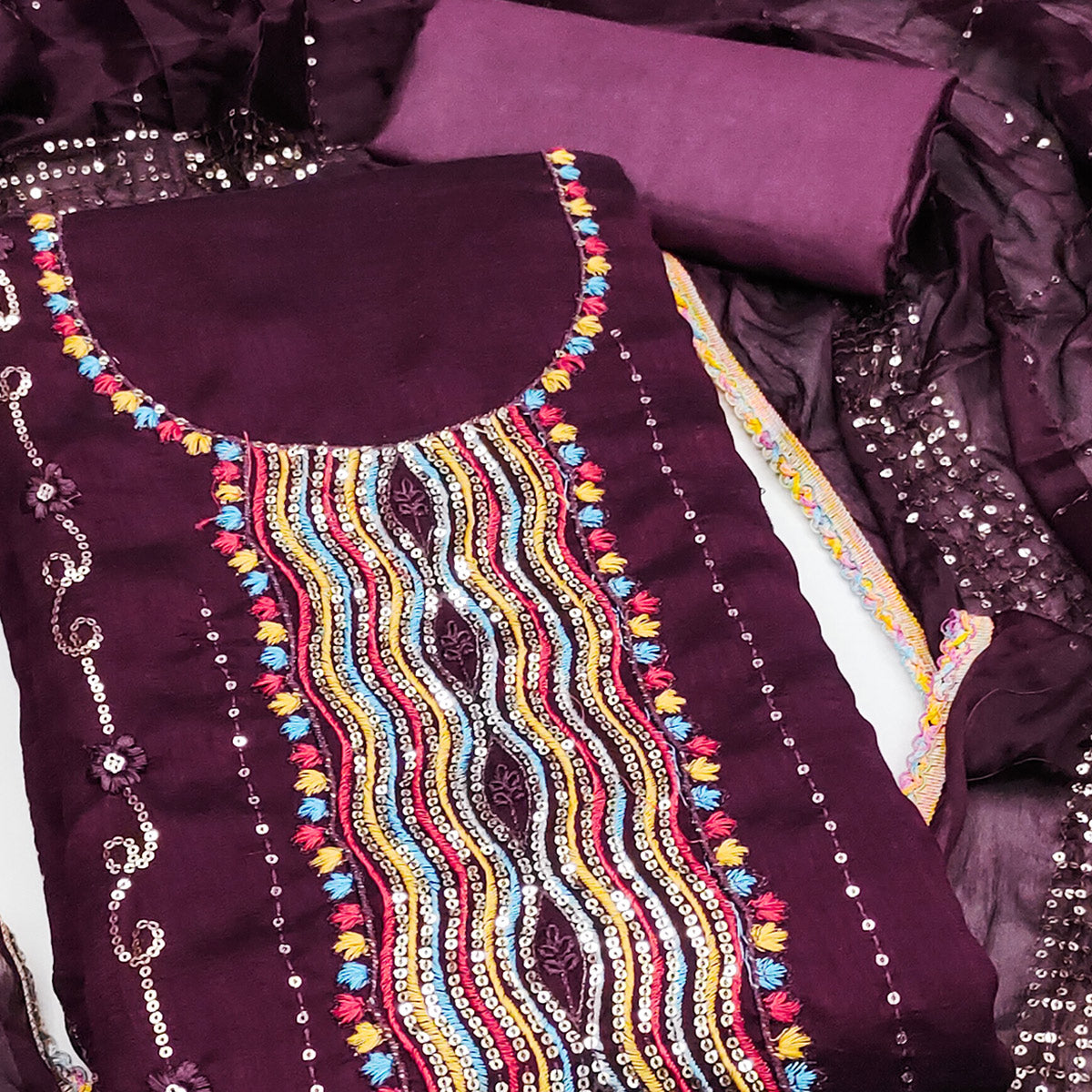 Festive Wine Dress Material in Vichitra Silk with Sequin Highlights