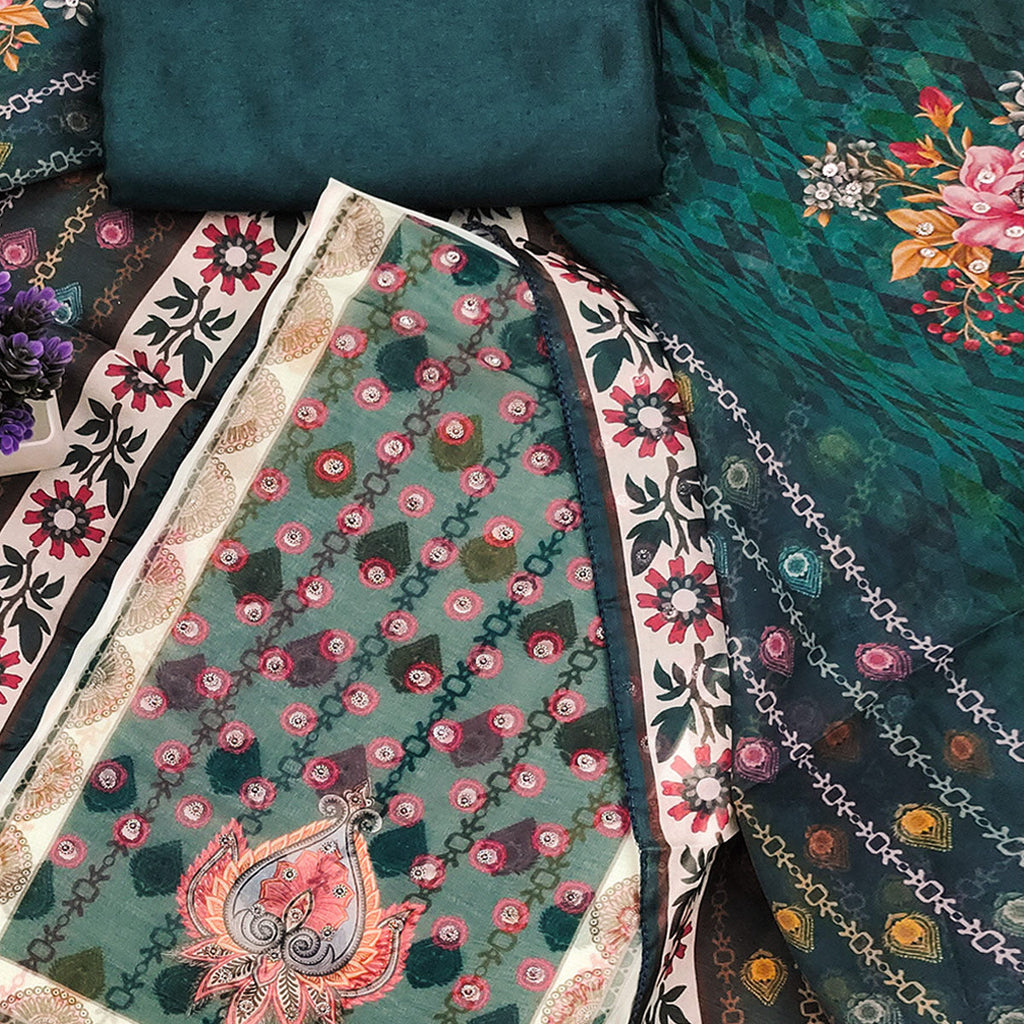 Off-White & Green Organza Dress Material with Elegant Floral Prints