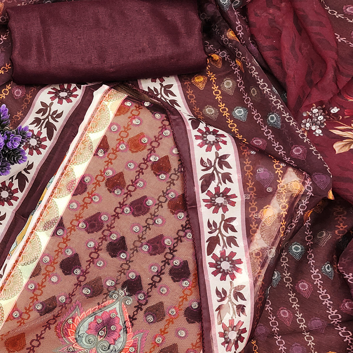 Off-White & Maroon Organza Dress Material with Elegant Floral Prints