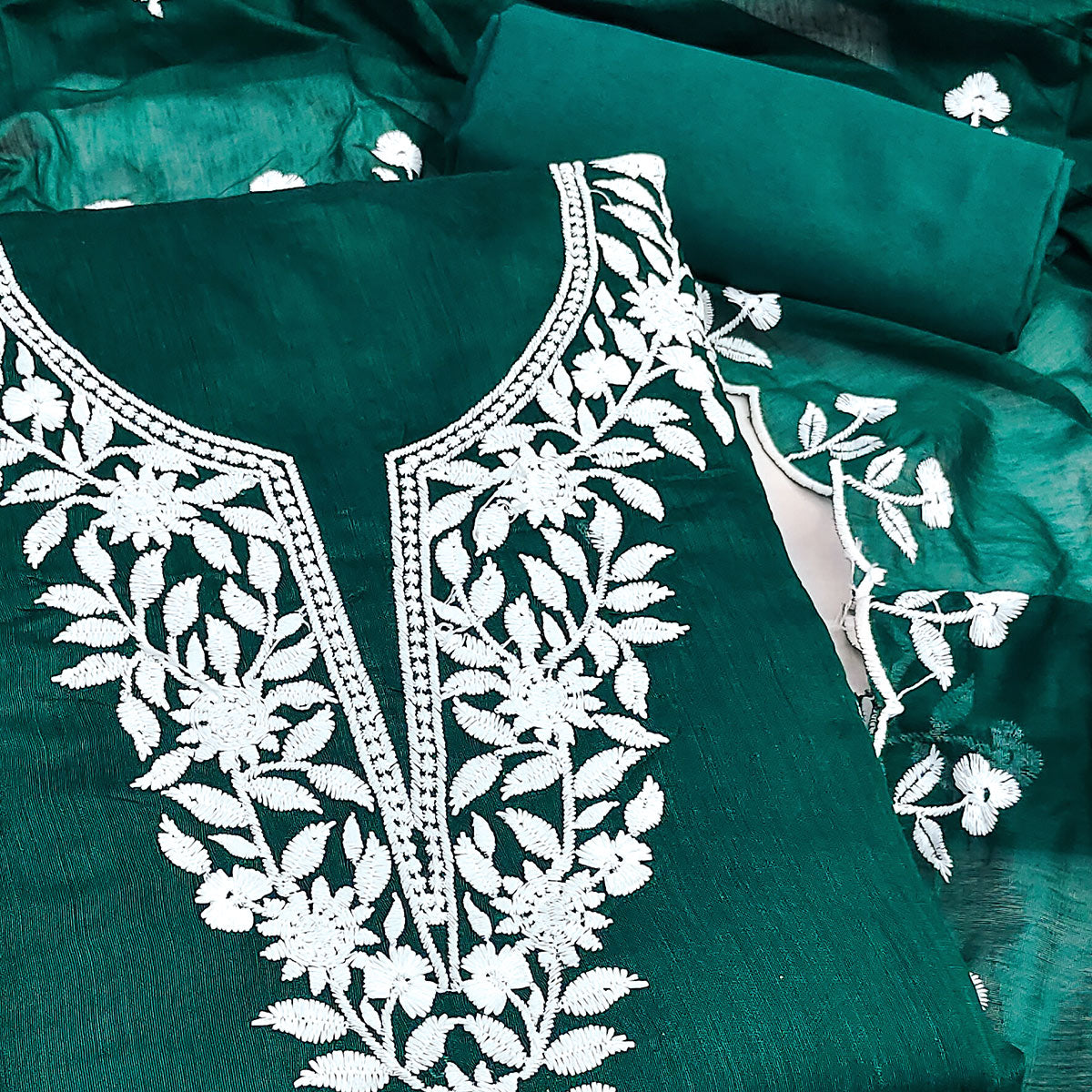 Green Chanderi Cotton Dress Material With Delicate Floral Thread Embroidery