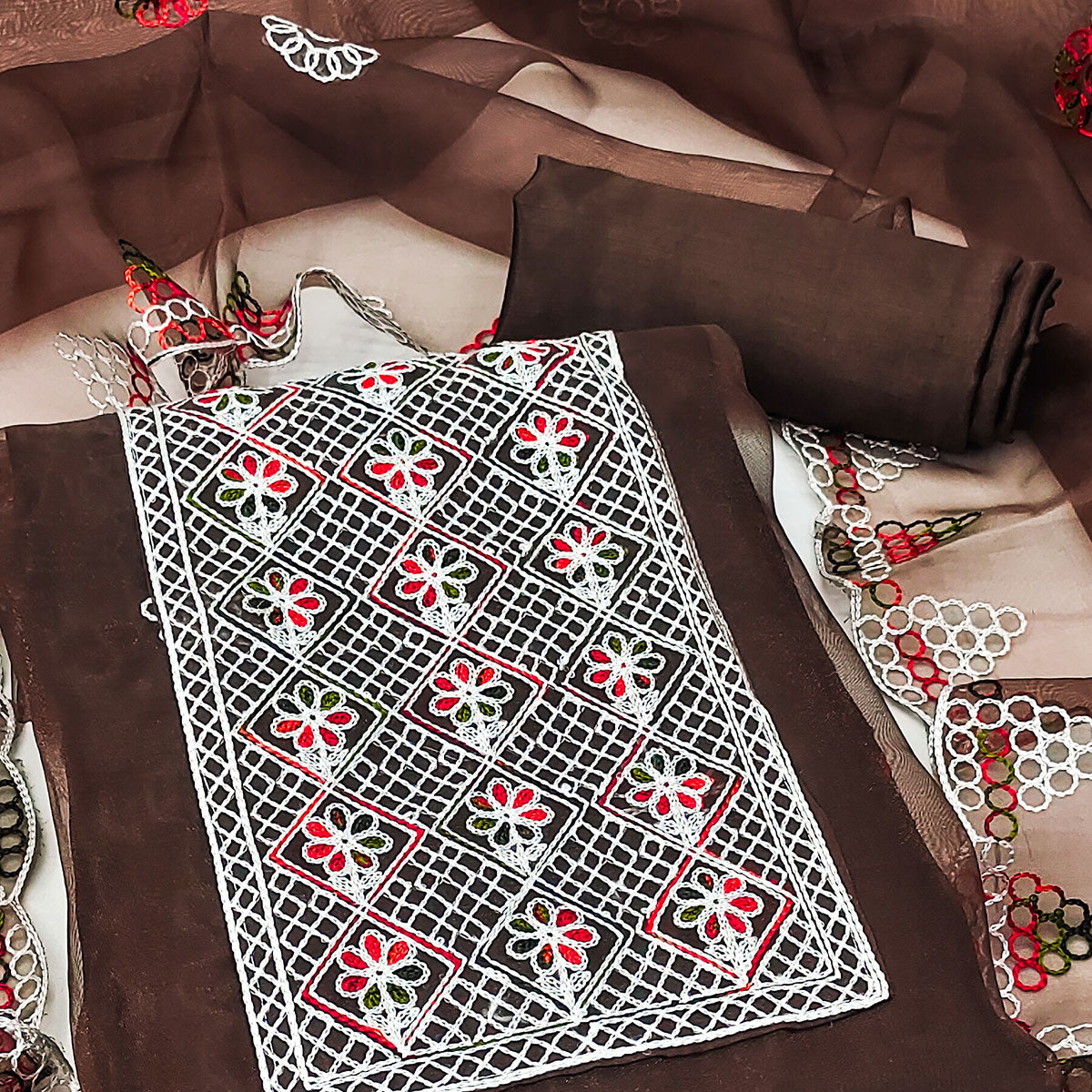 Brown Floral Embroidered Organza Dress Material