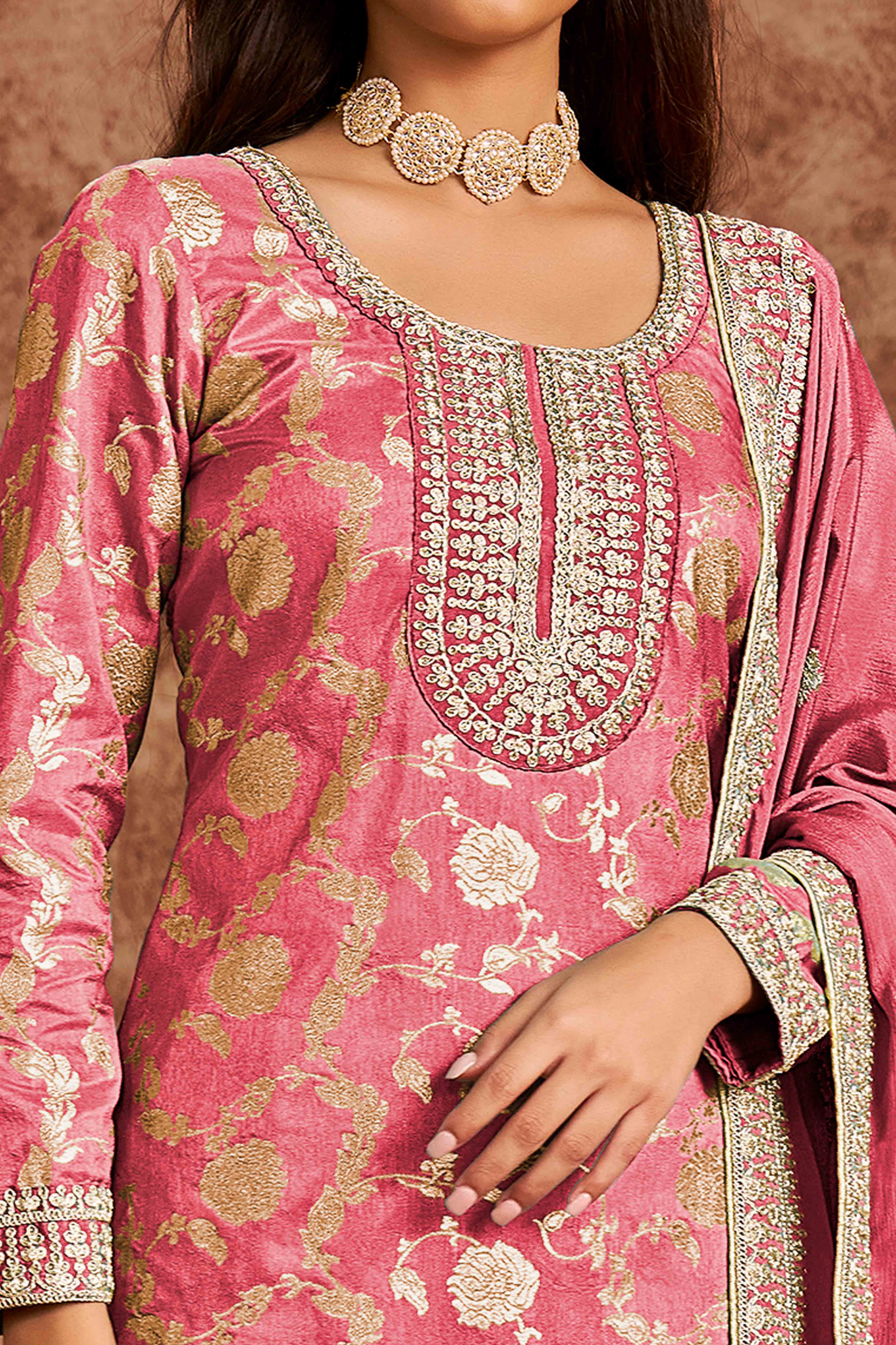 Peach Floral Woven Dola Silk Jacquard Dress Material