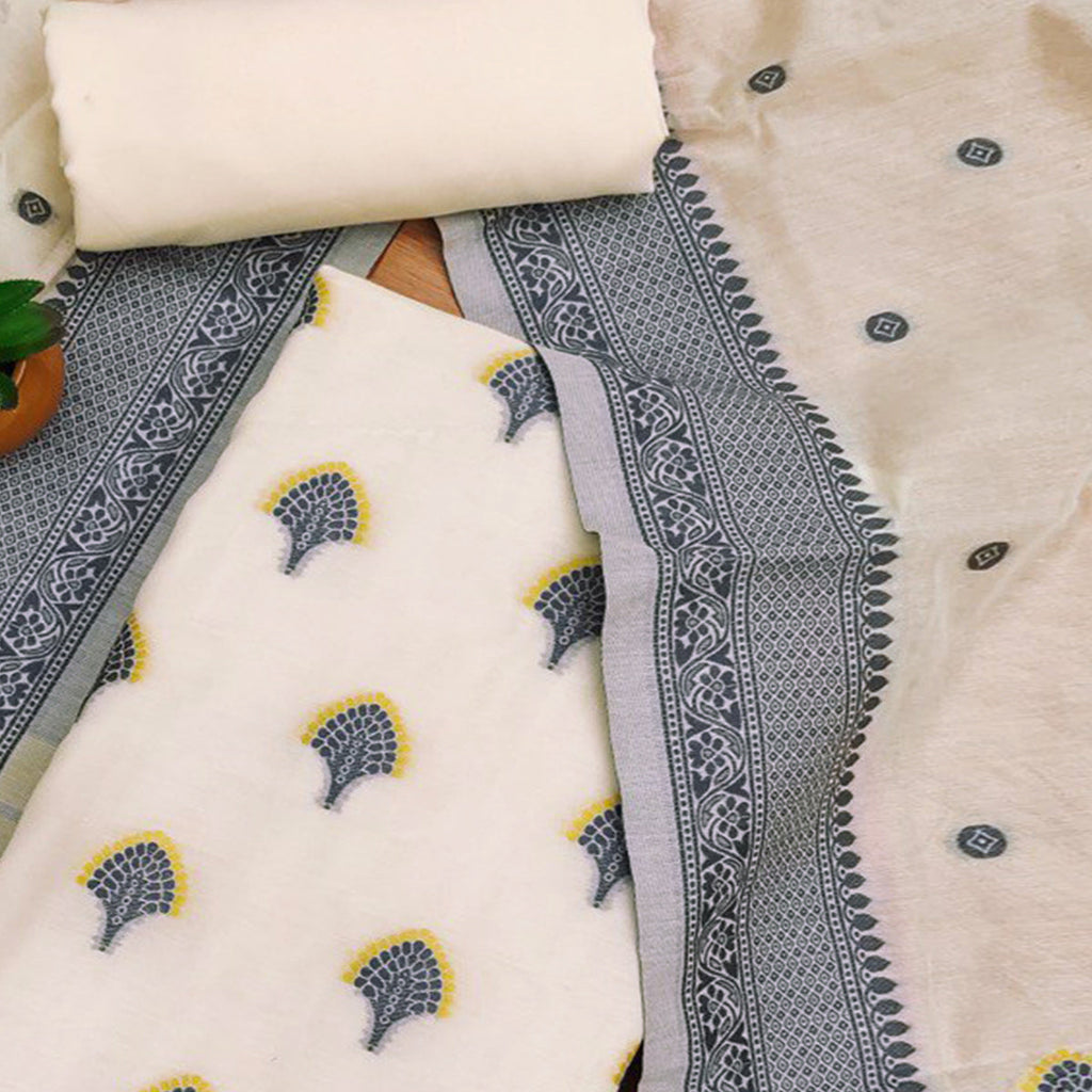 Offwhite & Grey Floral Woven Chanderi Dress Material