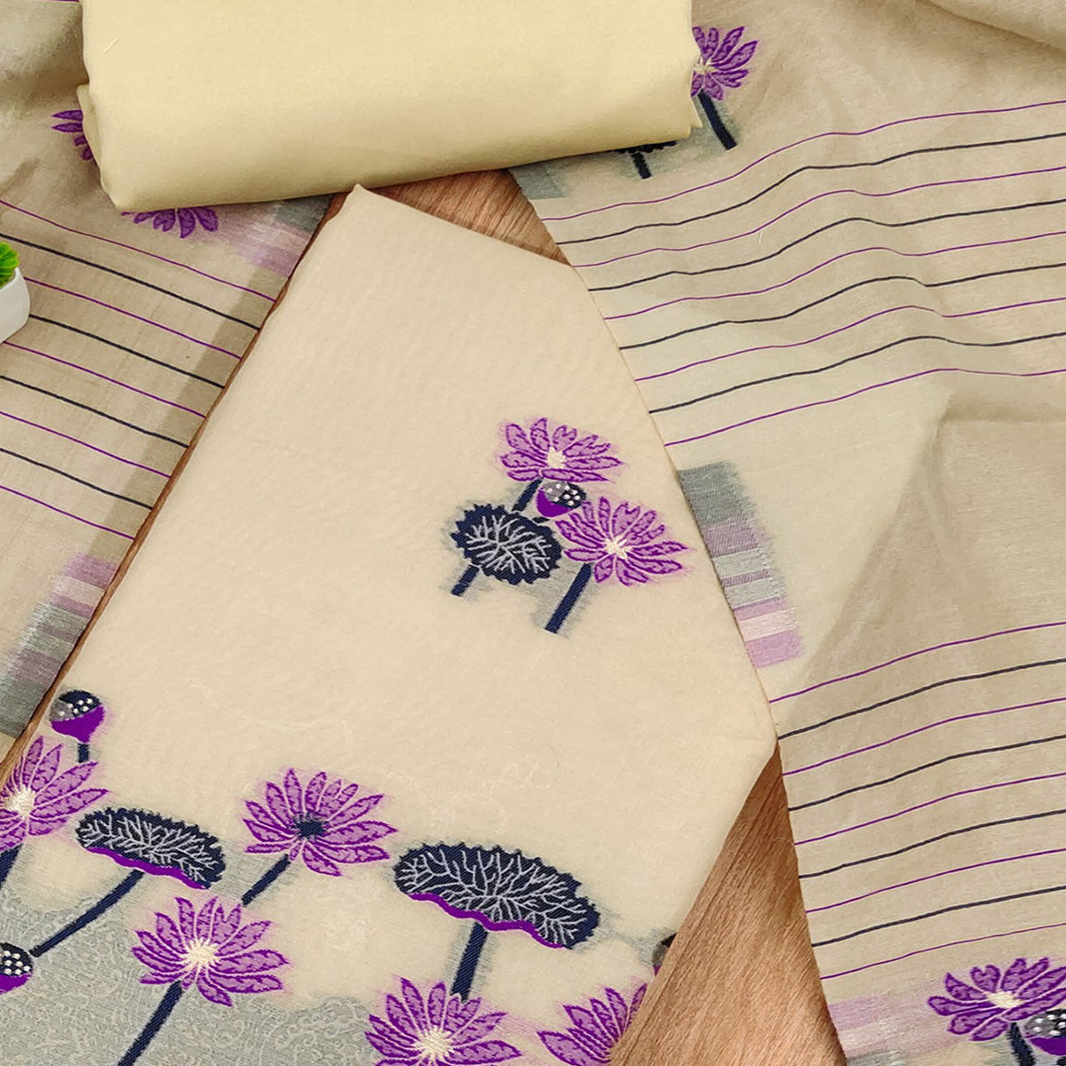 Chikoo Cotton Blend Dress Material With Intricate Floral Zari Weaving Detail