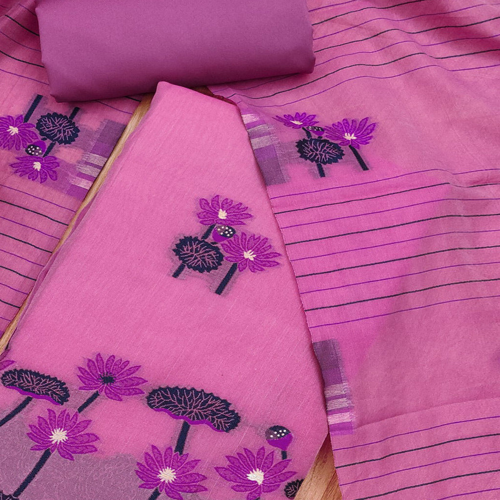 Pink Cotton Blend Dress Material With Intricate Floral Zari Weaving Detail