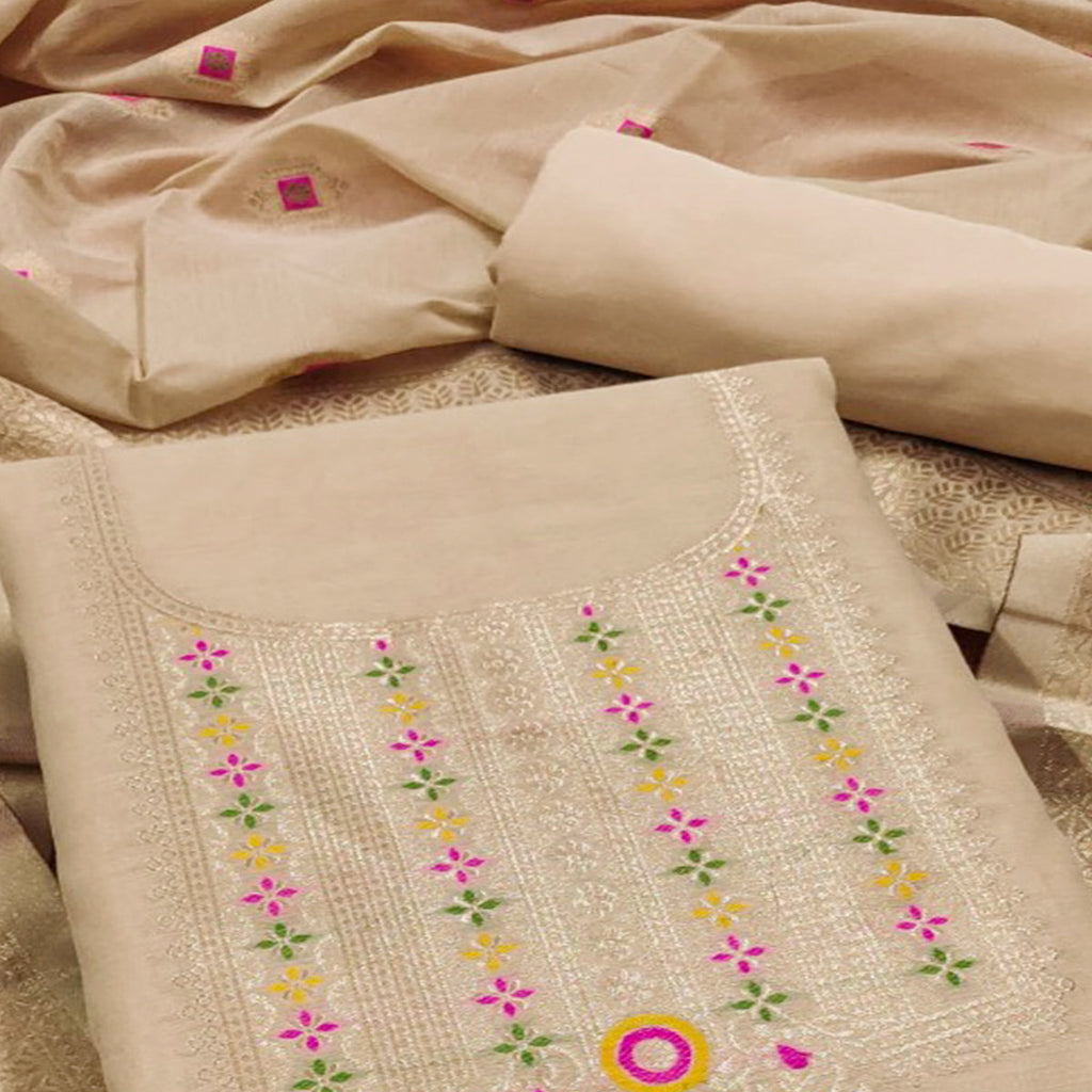 Chikoo Floral Woven Chanderi Dress Material