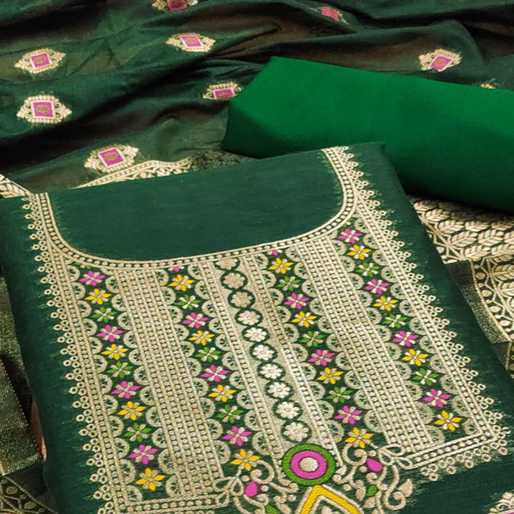 Green Floral Woven Chanderi Dress Material