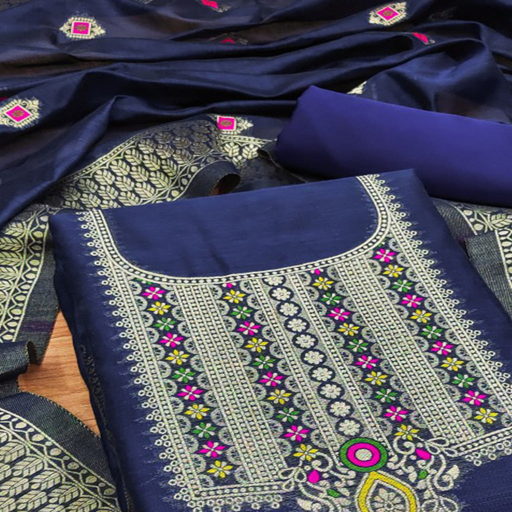 Navy Blue Floral Woven Chanderi Dress Material