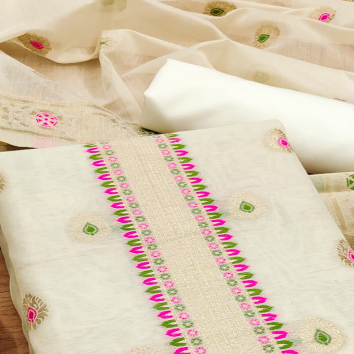 Off White Floral Woven Chanderi Dress Material