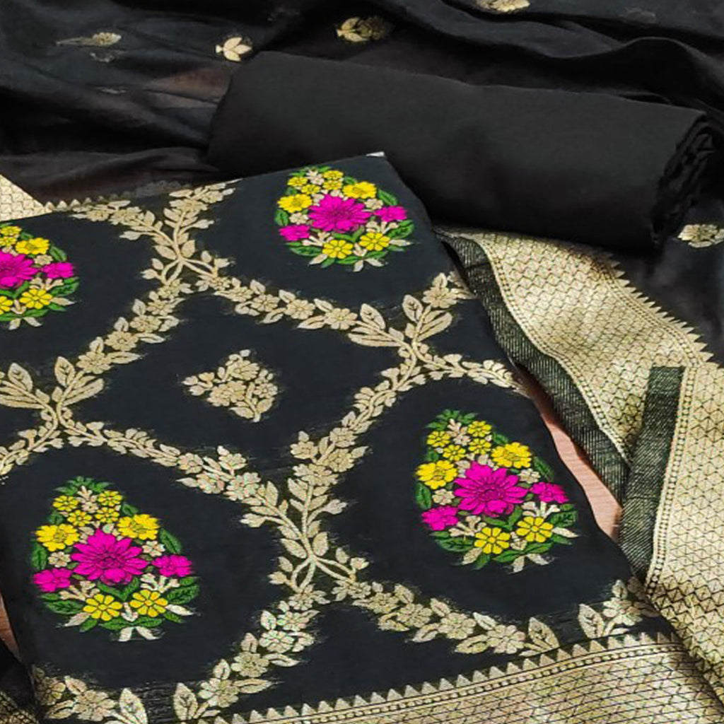 Black Floral Woven Chanderi Dress Material