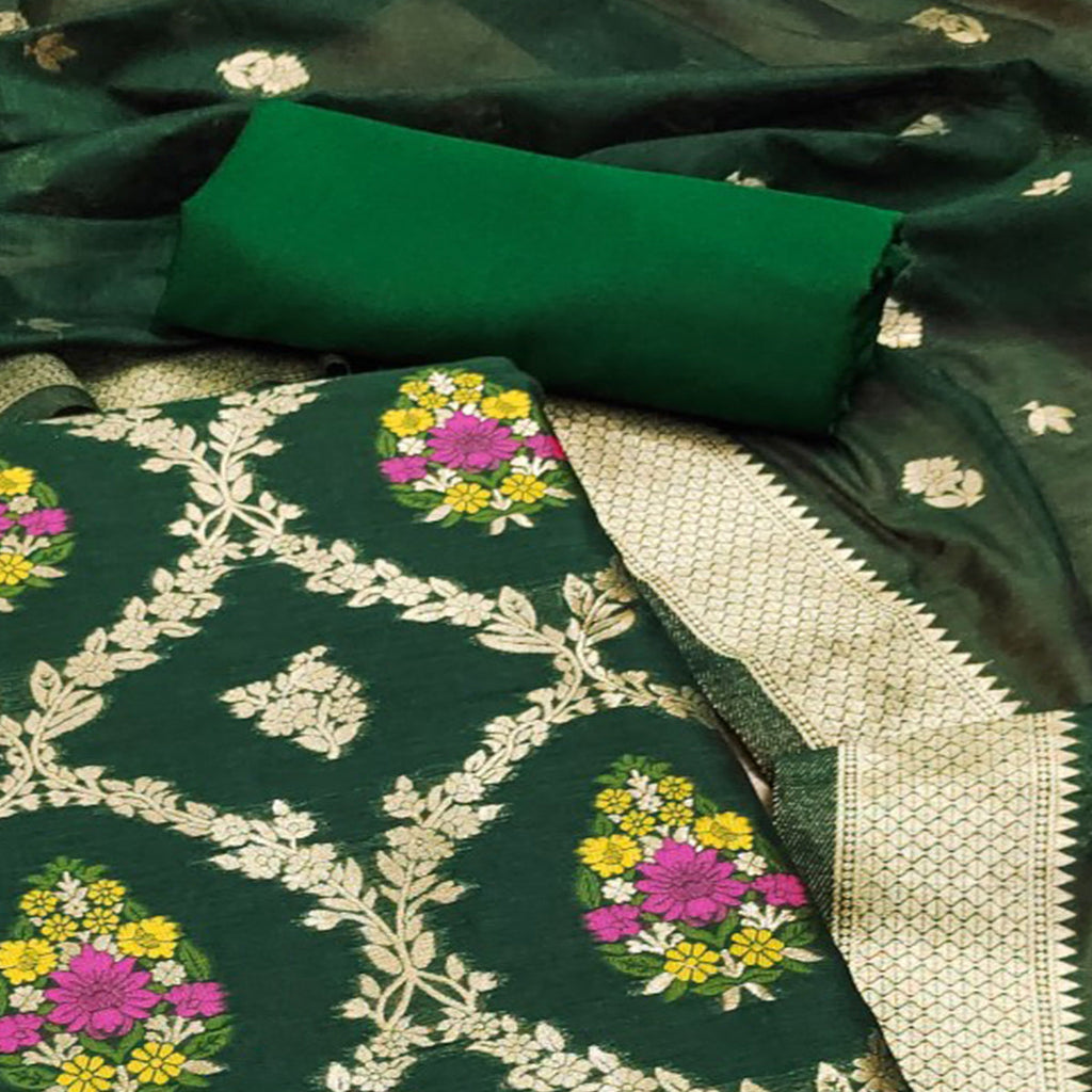Green Floral Woven Chanderi Dress Material