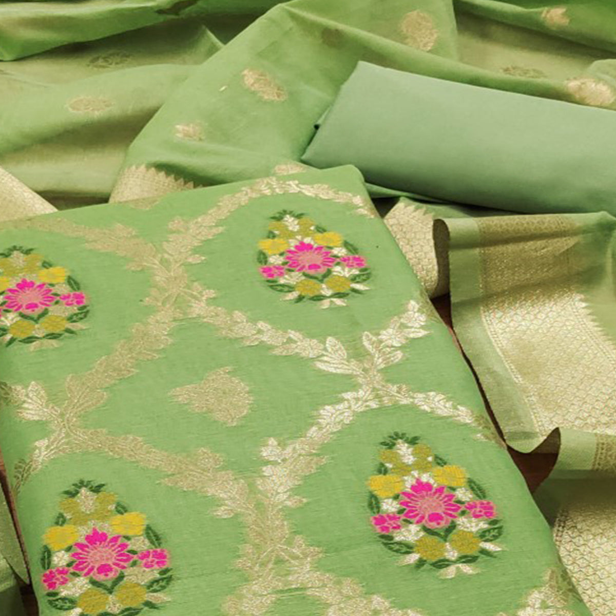 Light Green Floral Woven Chanderi Dress Material