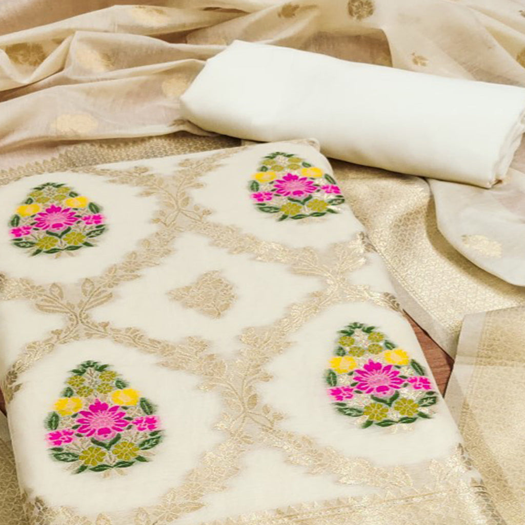 Off White Floral Woven Chanderi Dress Material
