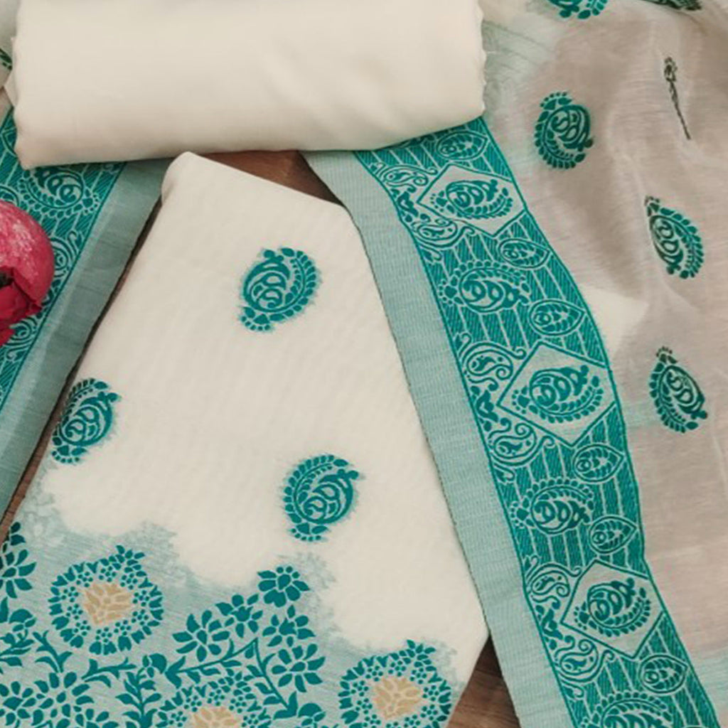 Offwhite & Teal Floral Woven Chanderi Dress Material