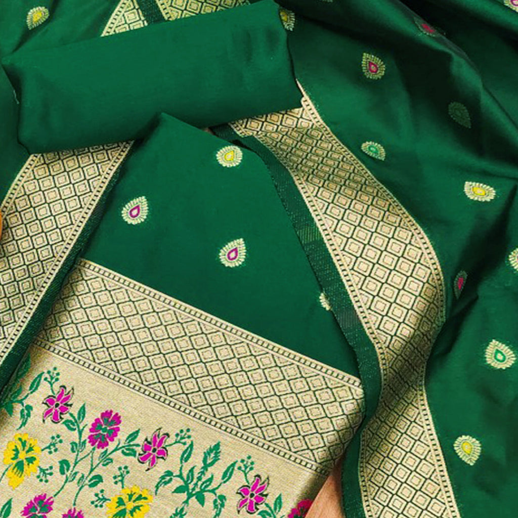 Green Floral Zari Woven Banarasi Silk Dress Material