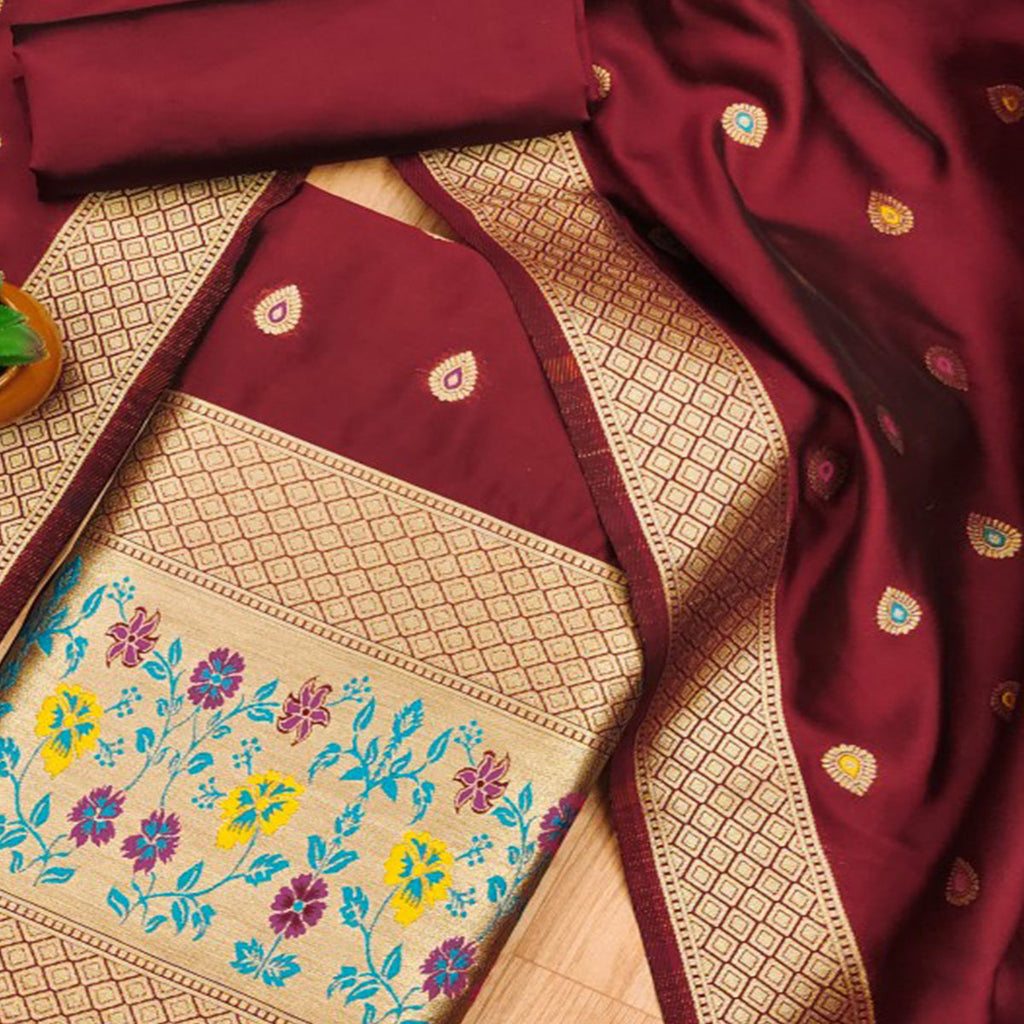 Maroon Floral Zari Woven Banarasi Silk Dress Material