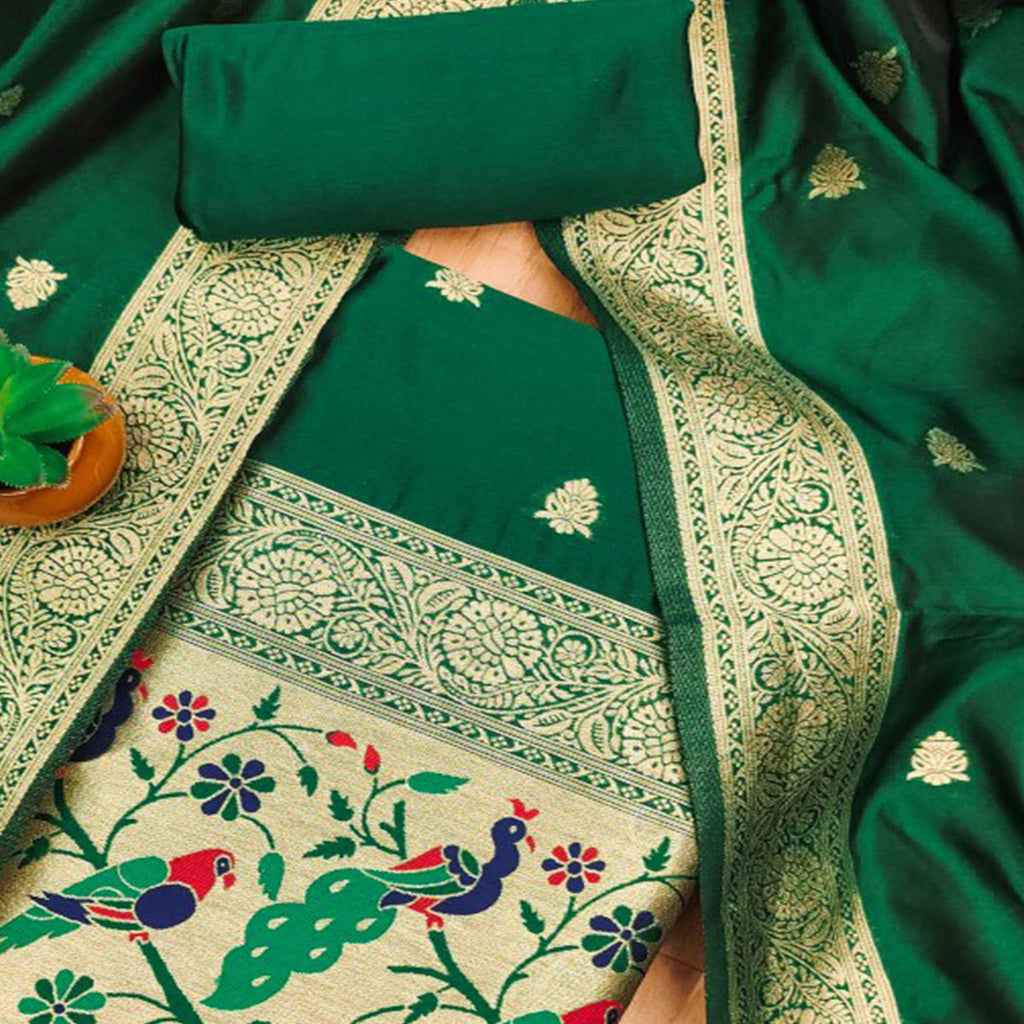 Green Floral Zari Woven Banarasi Silk Dress Material