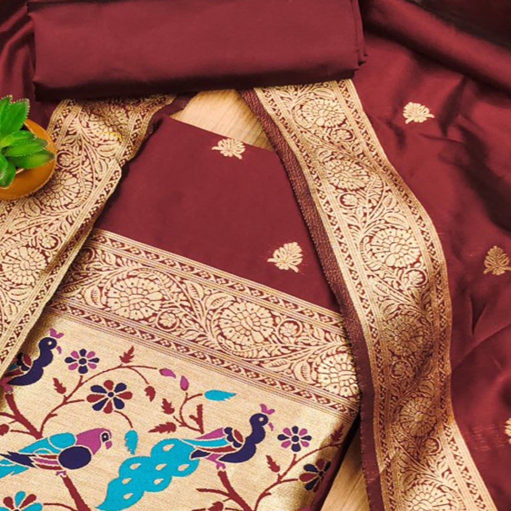 Maroon Floral Zari Woven Banarasi Silk Dress Material