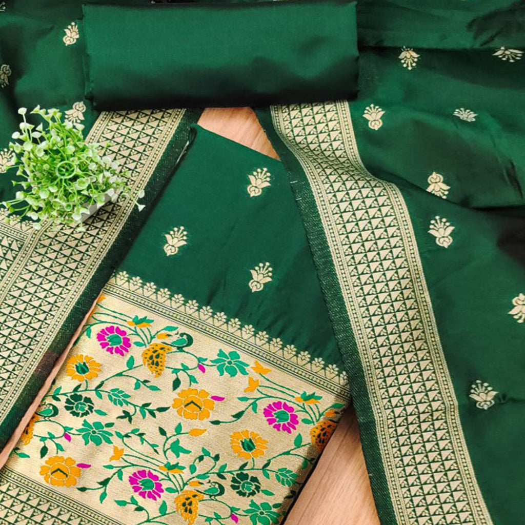 Bottle Green Floral Zari Woven Banarasi Silk Dress Material