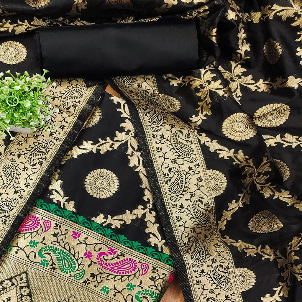 Black Zari Woven Banarasi Silk Dress Material With Elegant Floral Motifs