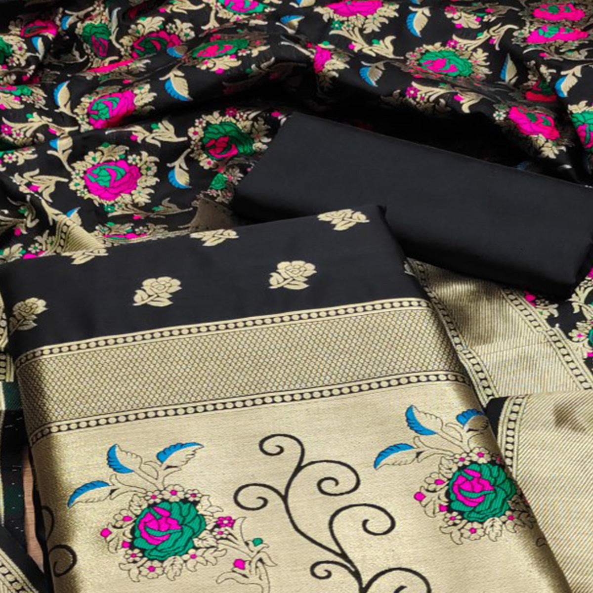 Black Floral Woven Banarasi Silk Dress Material