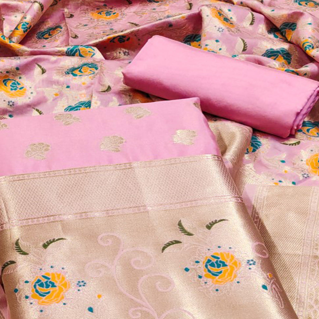 Baby Pink Floral Woven Banarasi Silk Dress Material