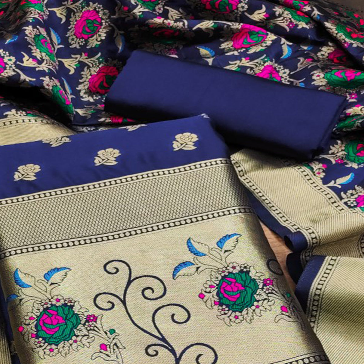 Navy Blue Floral Woven Banarasi Silk Dress Material