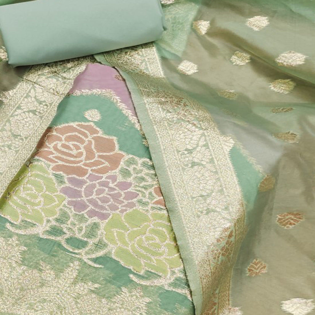 Green Floral Woven Organza Dress Material