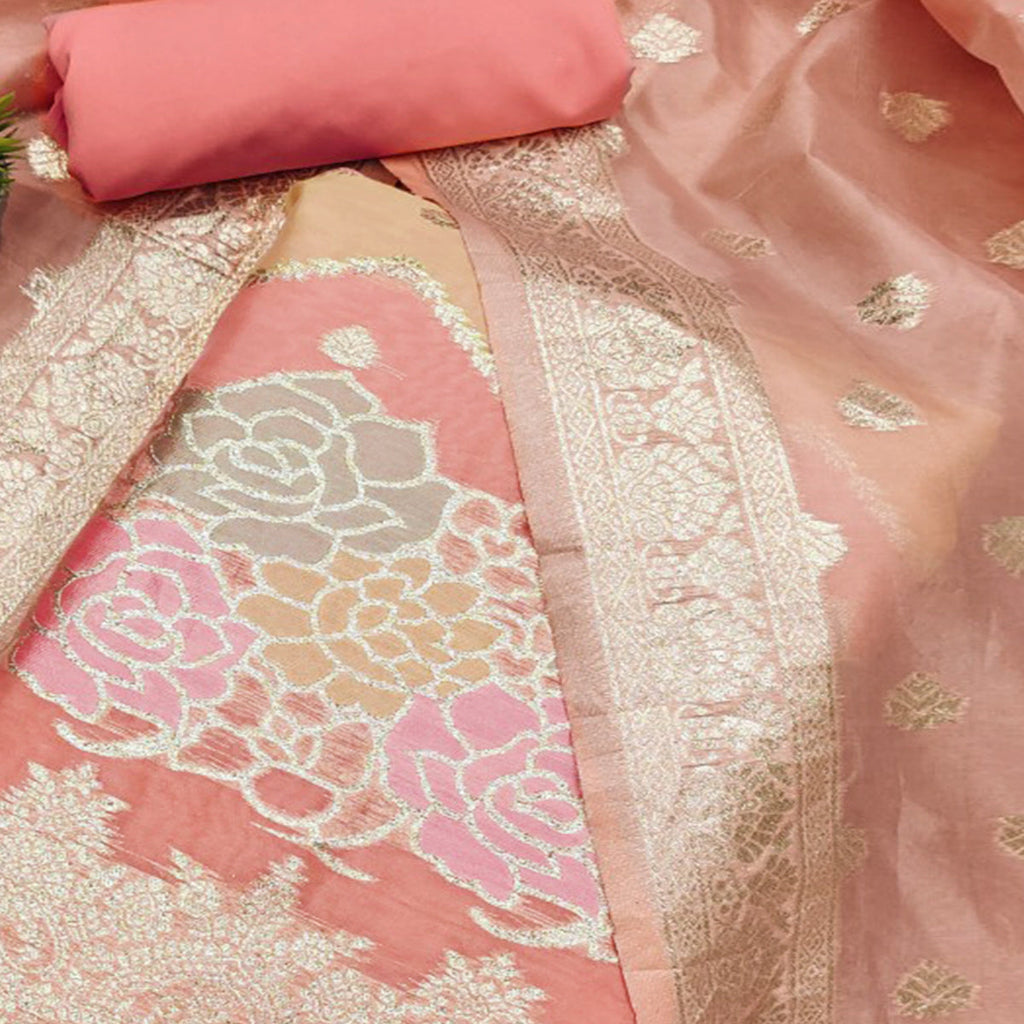 Peach Floral Woven Organza Dress Material