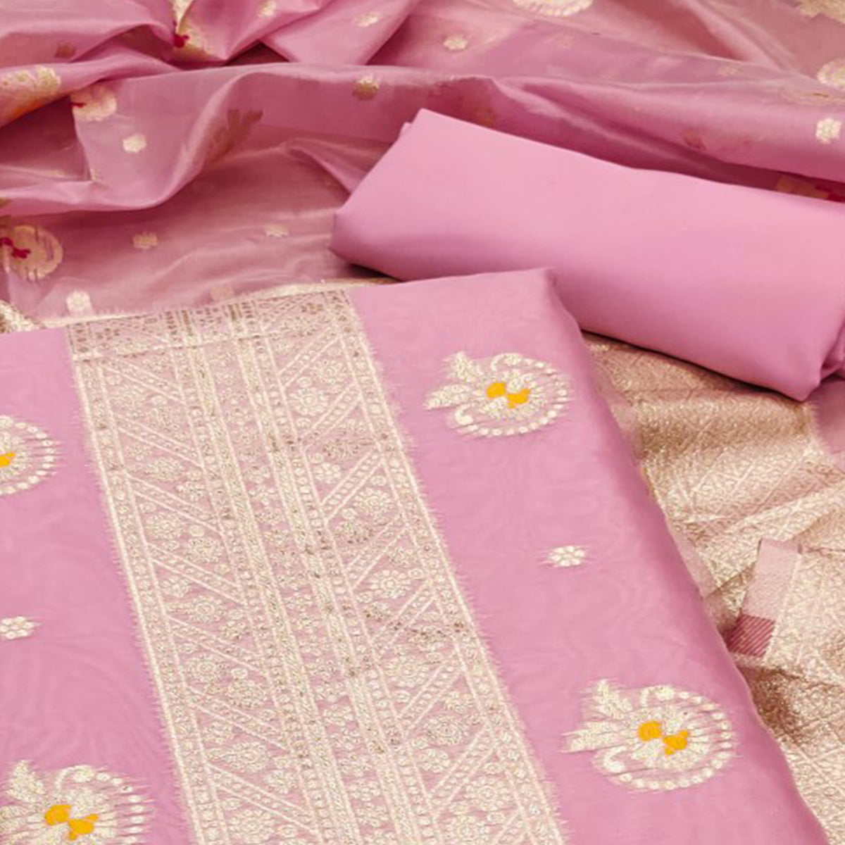 Pink Floral Woven Organza Dress Material