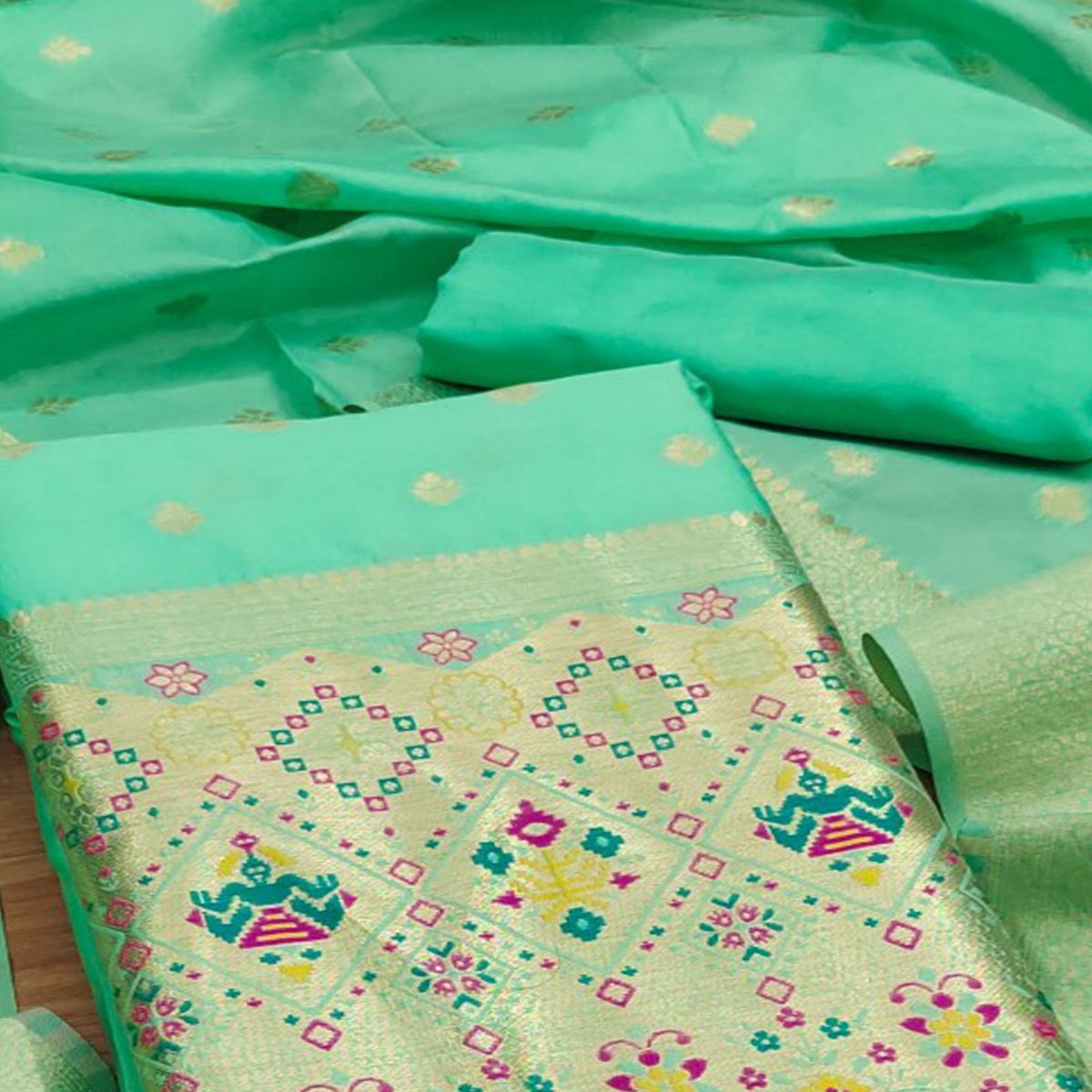Aqua Green Zari Weaving Soft Banarasi Silk Dress Material