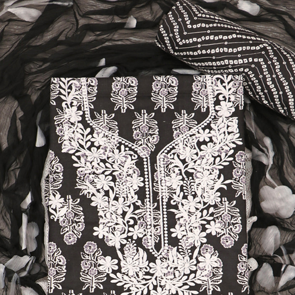 Black Printed With Embroidery Pure Cotton Dress Material