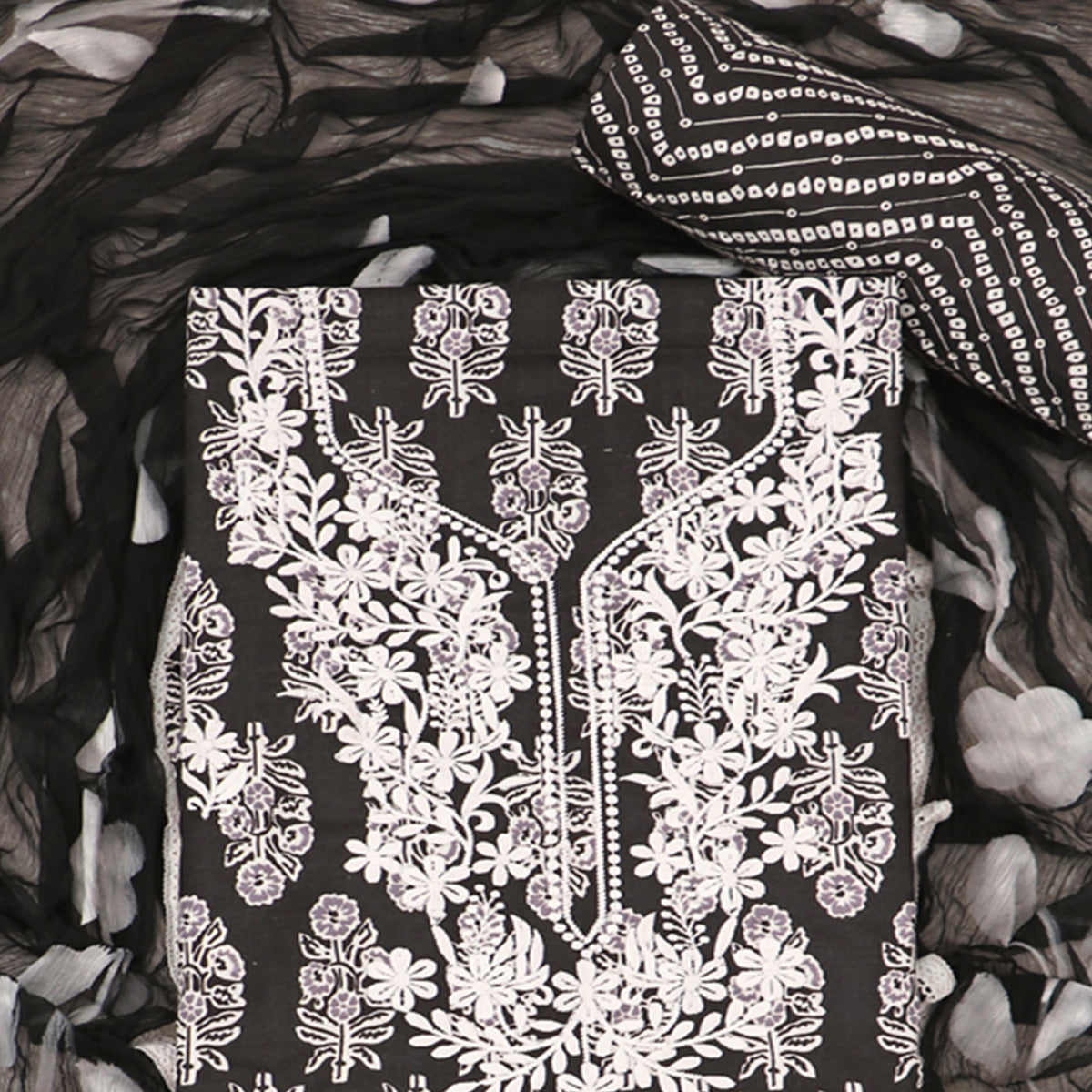 Black Printed With Embroidery Pure Cotton Dress Material