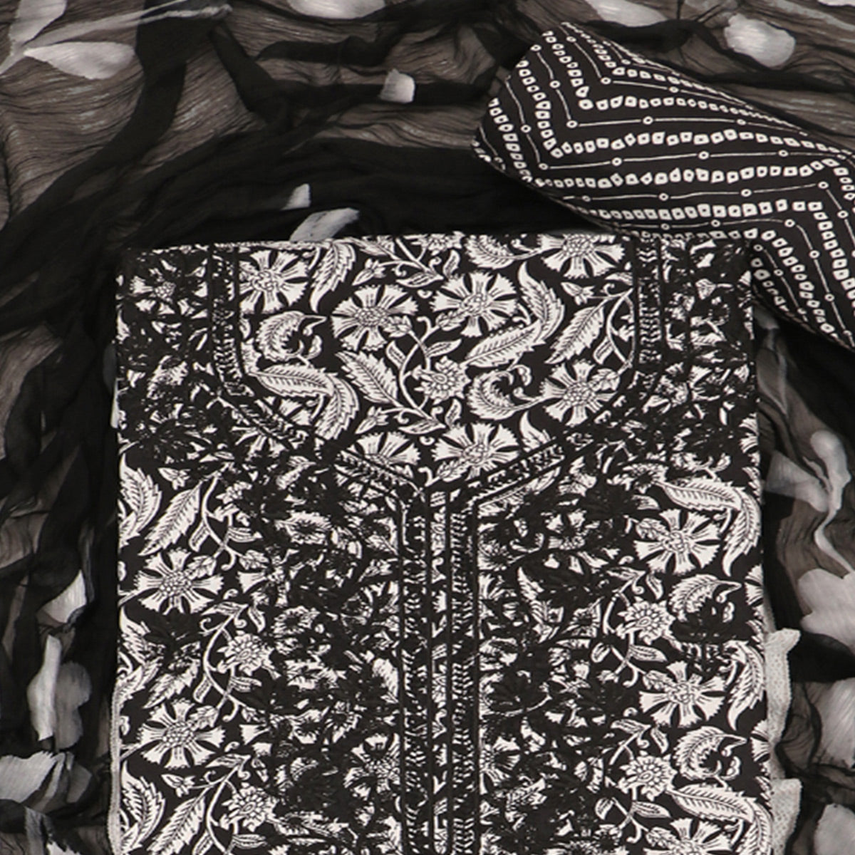 Black Printed With Embroidery Pure Cotton Dress Material