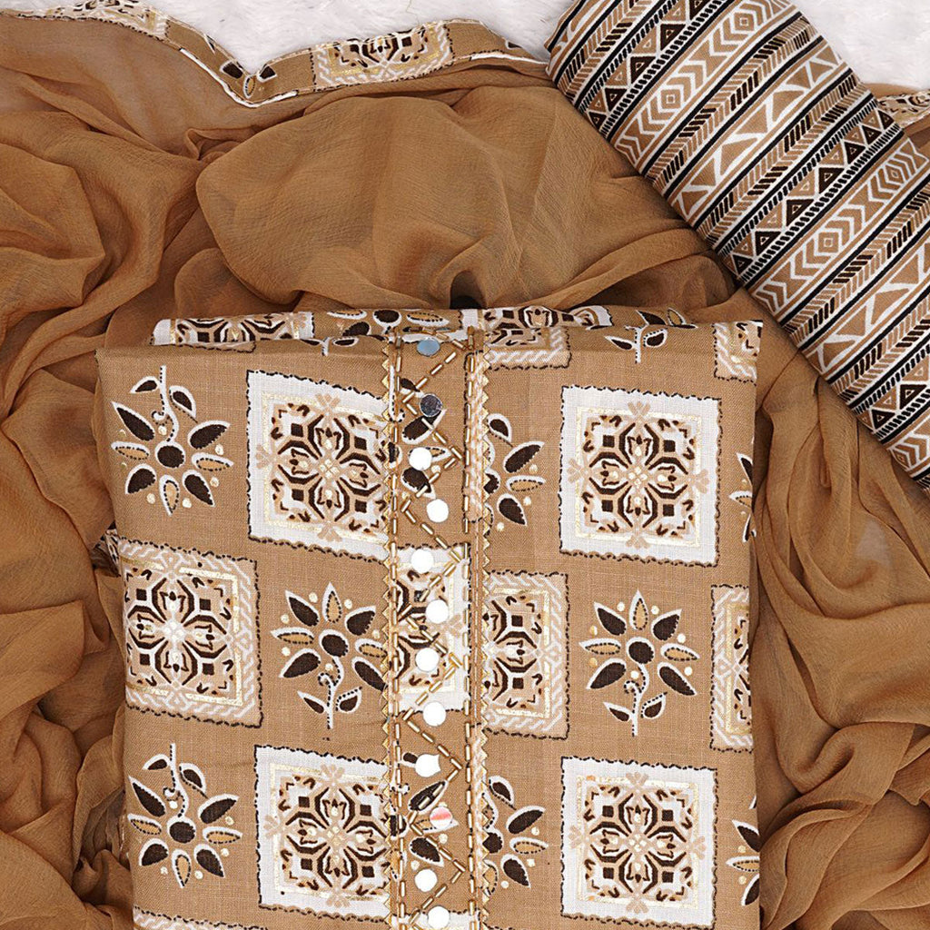 Chikoo Floral Printed Pure Cotton Dress Material