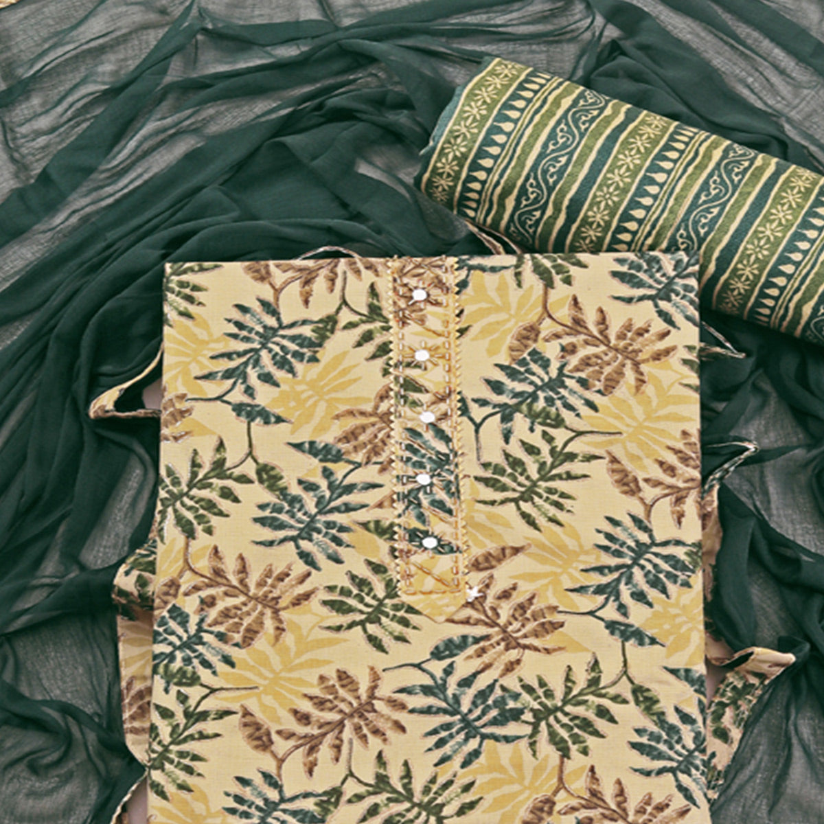 Chikoo & Green Foil Printed With Handwork Pure Pure Cotton Dress Material