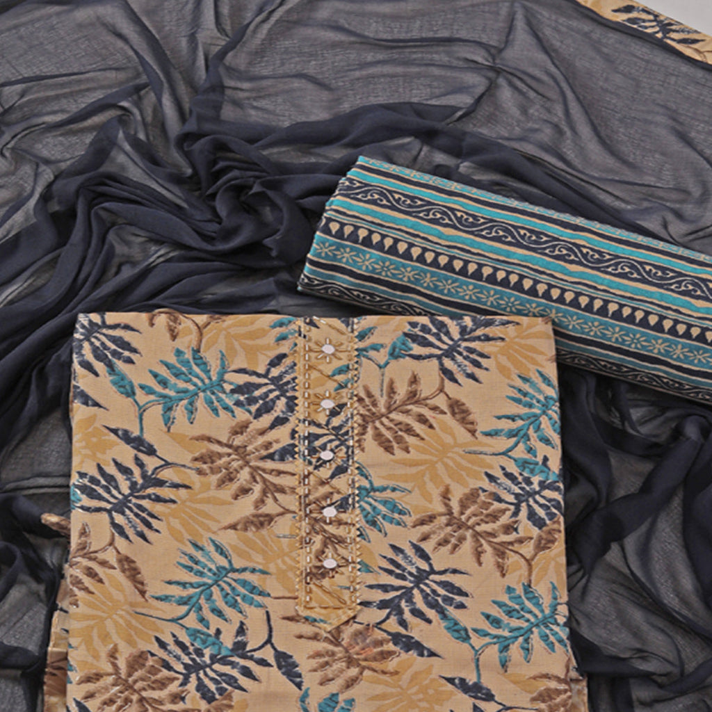 Chikoo & Navy Blue Foil Printed With Handwork Pure Pure Cotton Dress Material