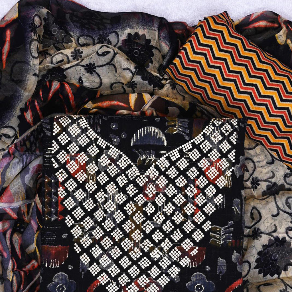 Black Floral Printed With Stone Work Yoke Pure Cotton Dress Material