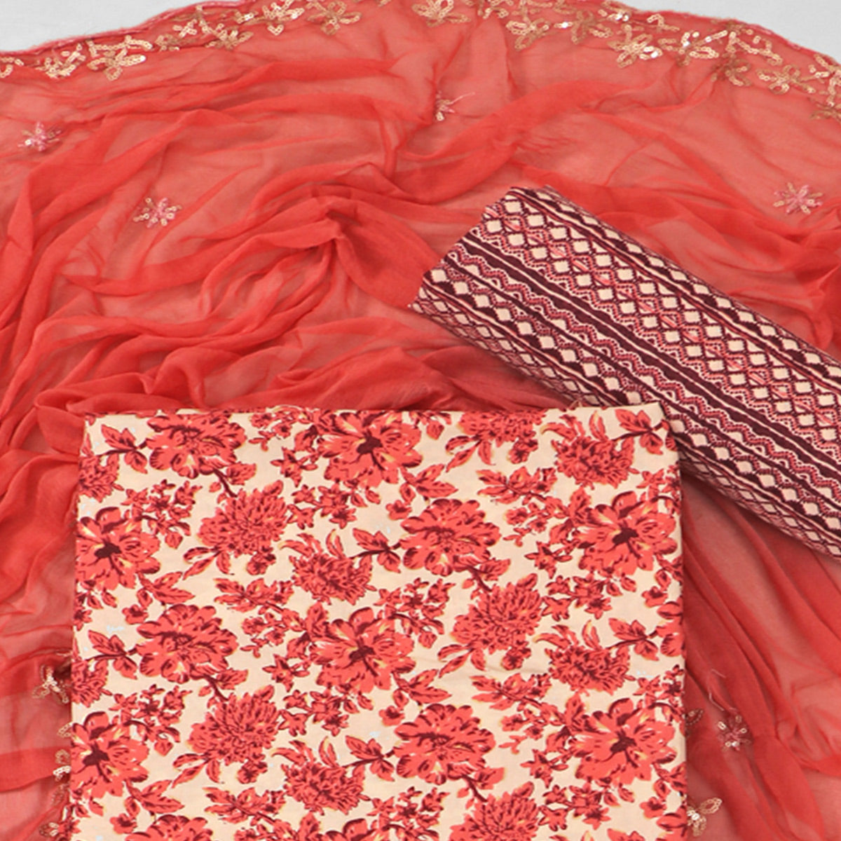 Peach Floral Foil Printed Cotton Blend Dress Material