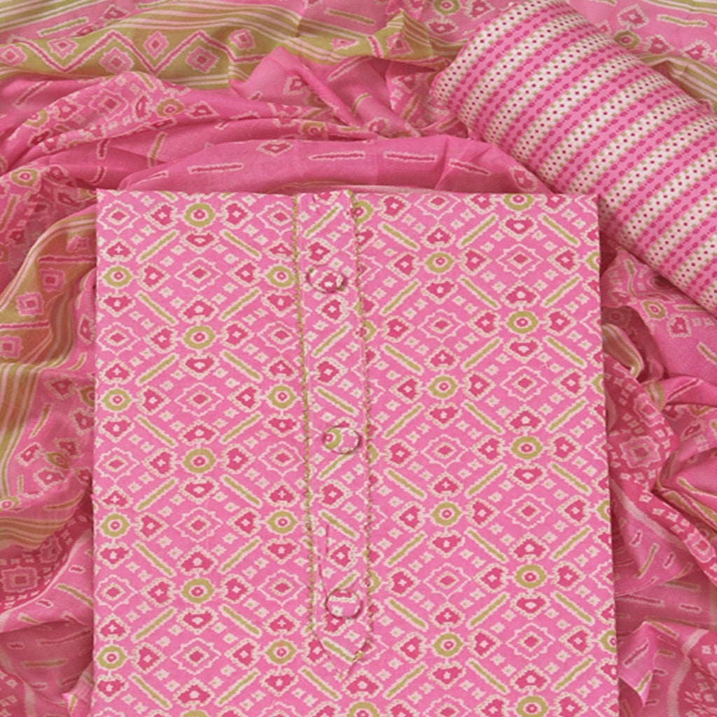 Pink Patola Printed With Gota Patti Work Pure Cotton Dress Material