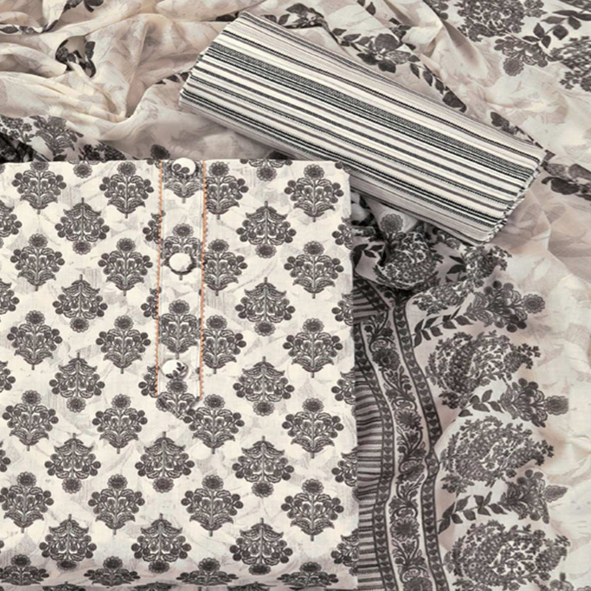 Offwhite Floral Printed With Gota Patti Work Pure Cotton Dress Material