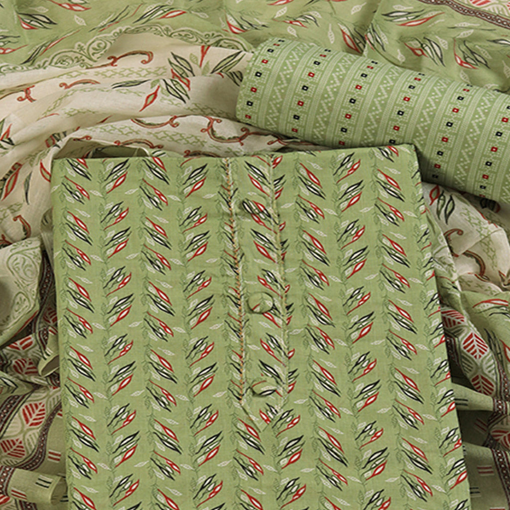 Fresh Green Dress Material in Pure Cotton with Subtle Leaf Print Accents