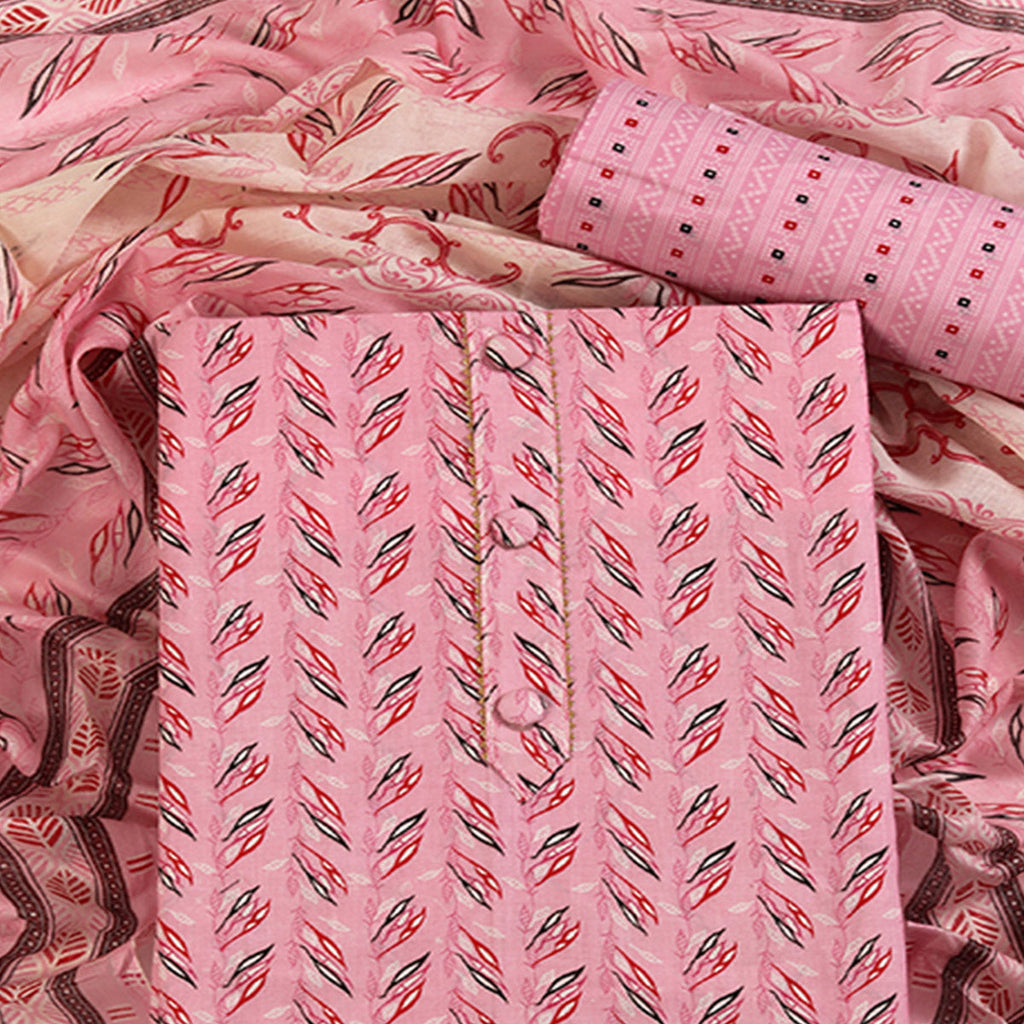 Fresh Pink Dress Material in Pure Cotton with Subtle Leaf Print Accents