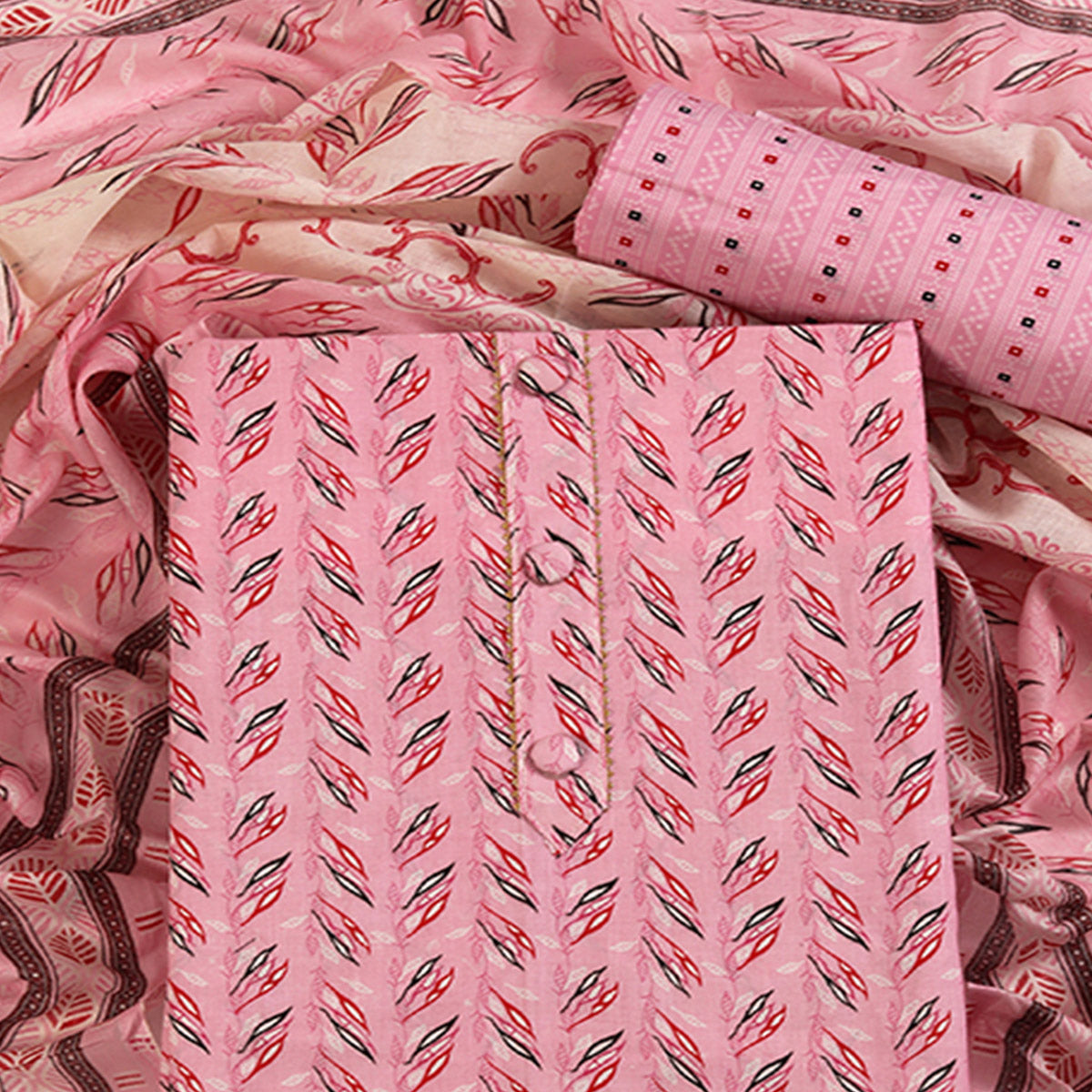 Fresh Pink Dress Material in Pure Cotton with Subtle Leaf Print Accents