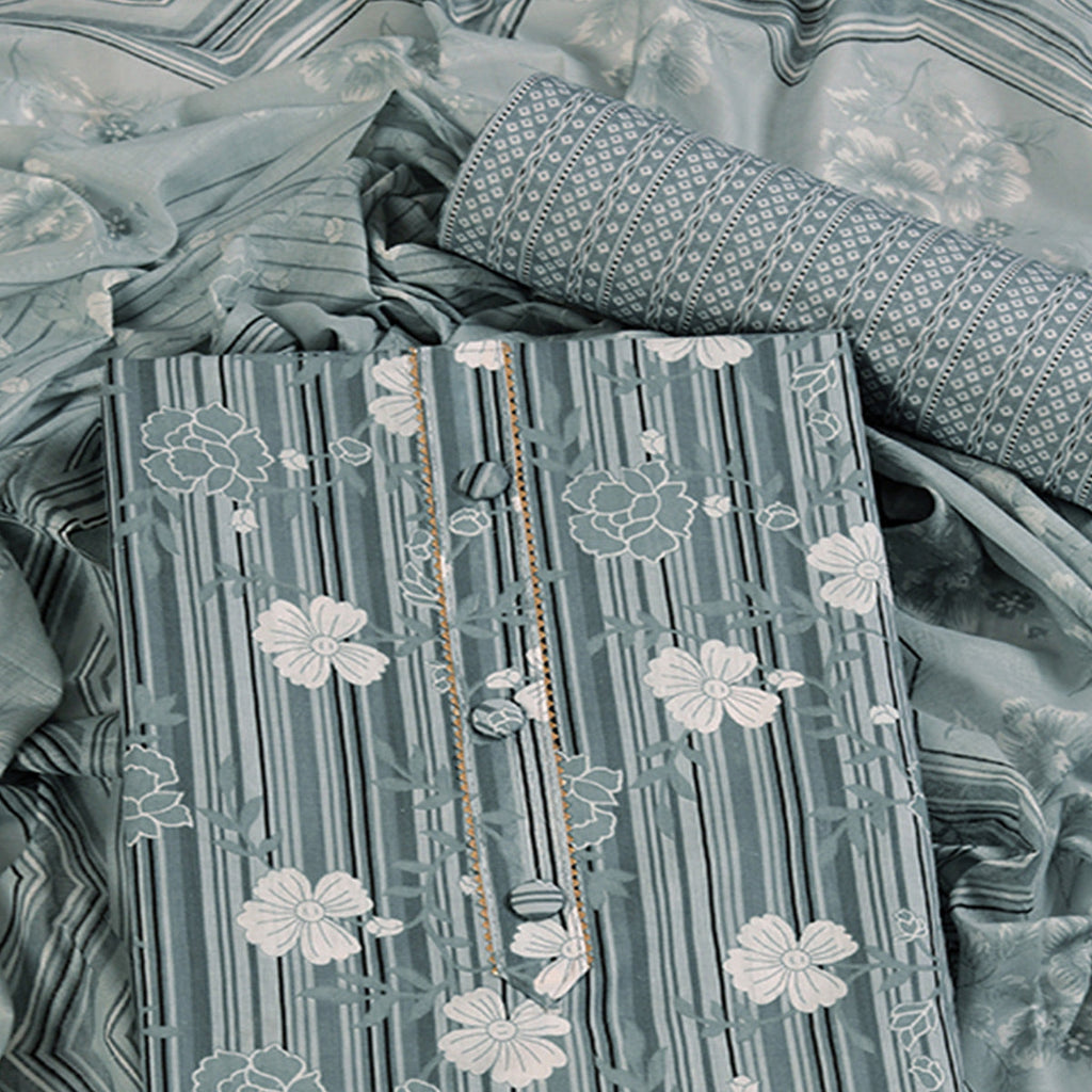 Elegant Grey Pure Cotton Ensemble Showcasing Subtle Floral Print Work Dress Material