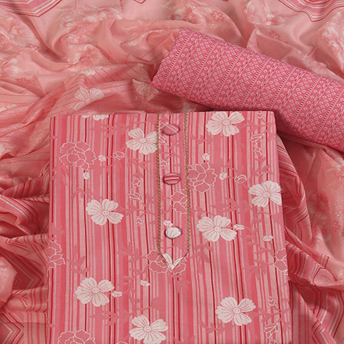 Elegant Peach Pure Cotton Ensemble Showcasing Subtle Floral Print Work Dress Material