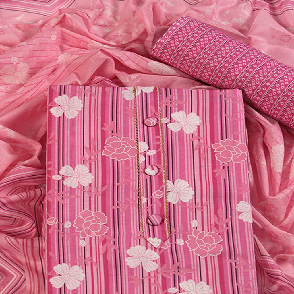 Elegant Pink Pure Cotton Ensemble Showcasing Subtle Floral Print Work Dress Material