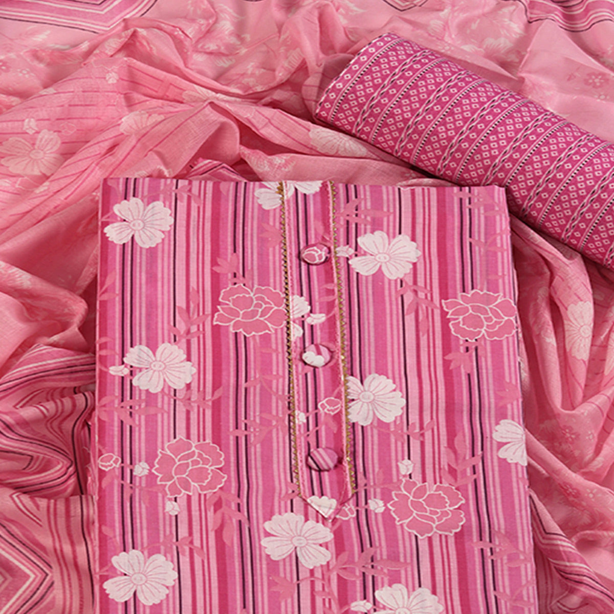 Elegant Pink Pure Cotton Ensemble Showcasing Subtle Floral Print Work Dress Material