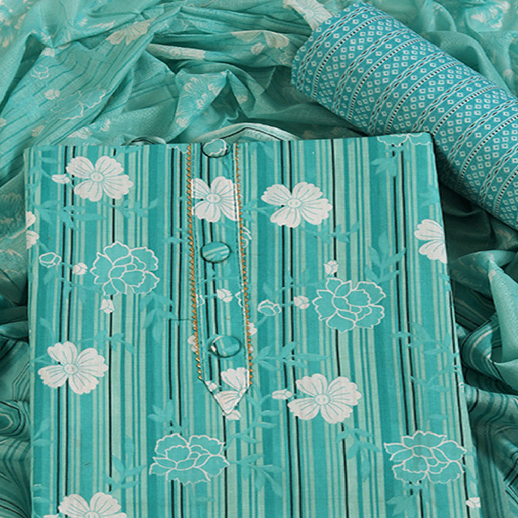 Elegant Sea Green Pure Cotton Ensemble Showcasing Subtle Floral Print Work Dress Material