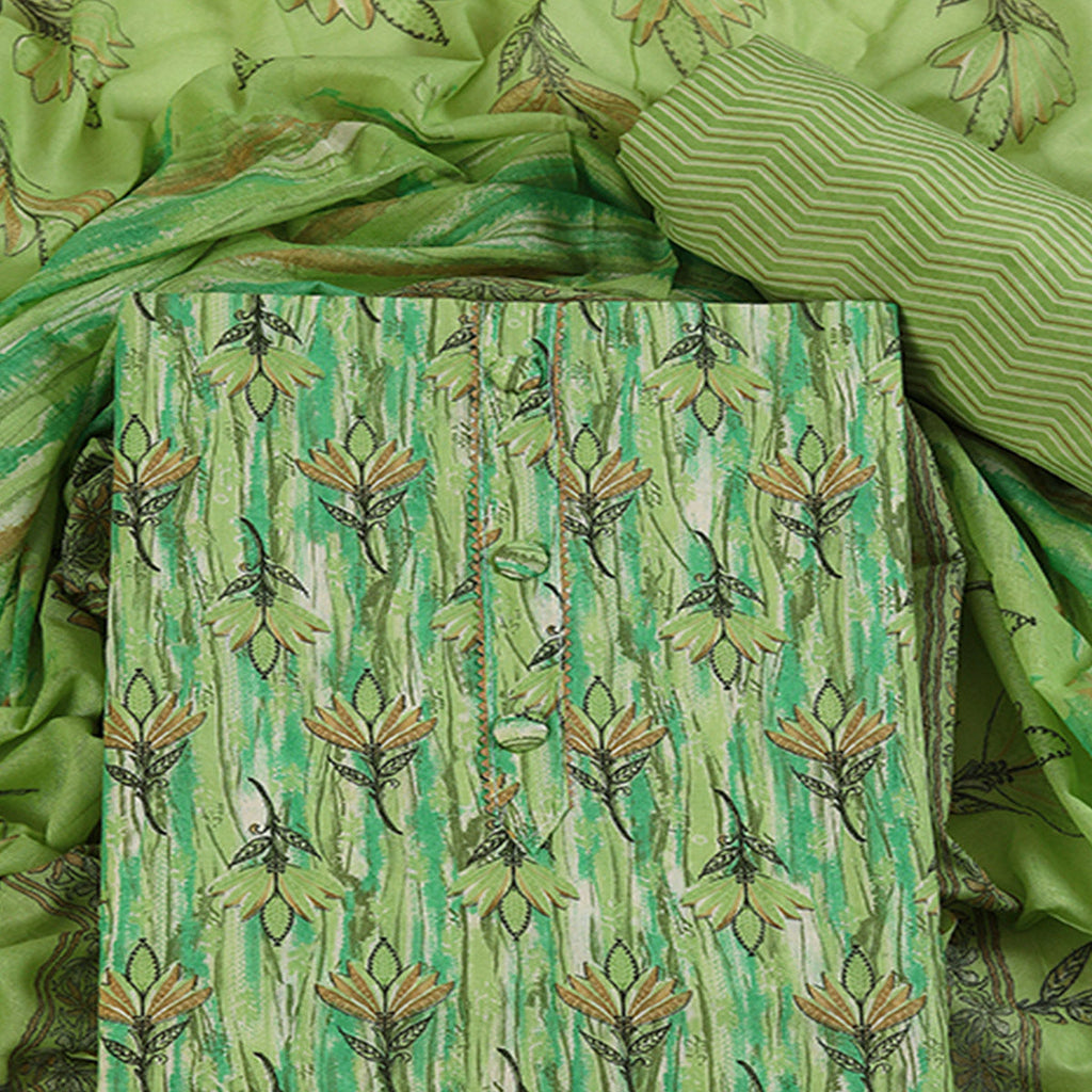 Green Pure Cotton Ensemble with All-Over Floral Motif Designs Dress Material